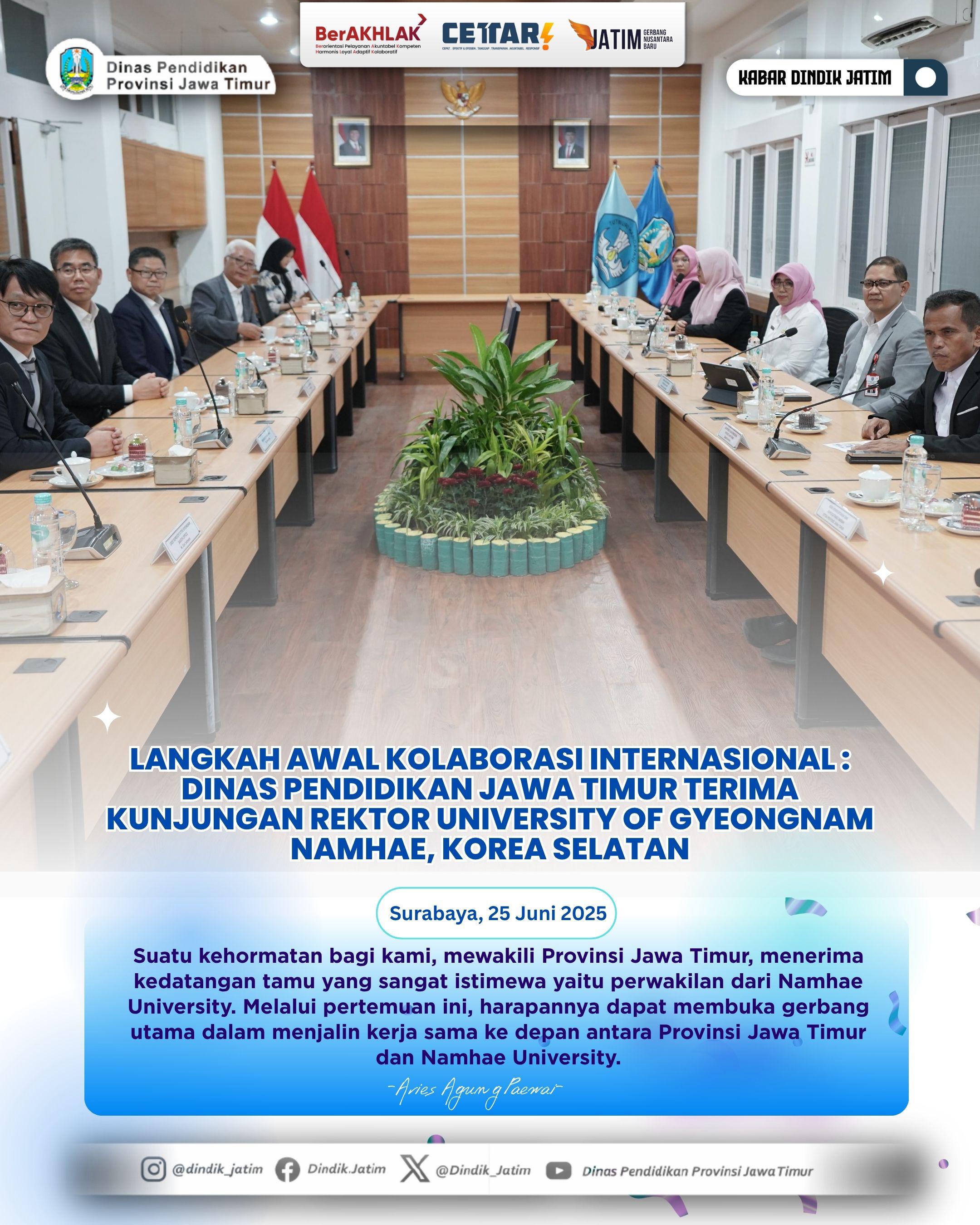 Langkah Awal Kolaborasi Internasional: Dinas Pendidikan Jawa Timur Terima Kunjungan Rektor University of Gyeongnam Namhae, Korea Selatan